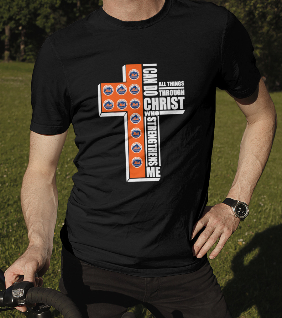 New York Mets I Can Do All Things Through Christ Who Strengthens Me Logos Cross T-Shirt
