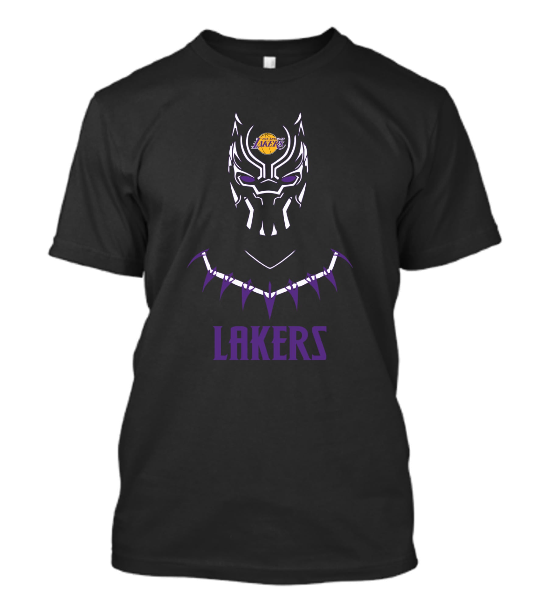 Lakers Fan Black Panther Mask With Los Angeles Lakers Logo And Purple Necklace T-Shirt