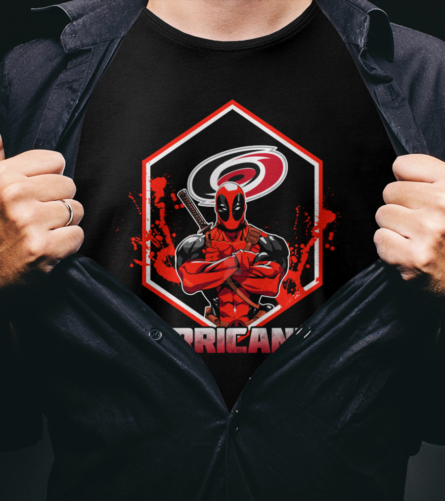 Deadpool Carolina Hurricanes Fan Mashup With Logo And Character T-Shirt