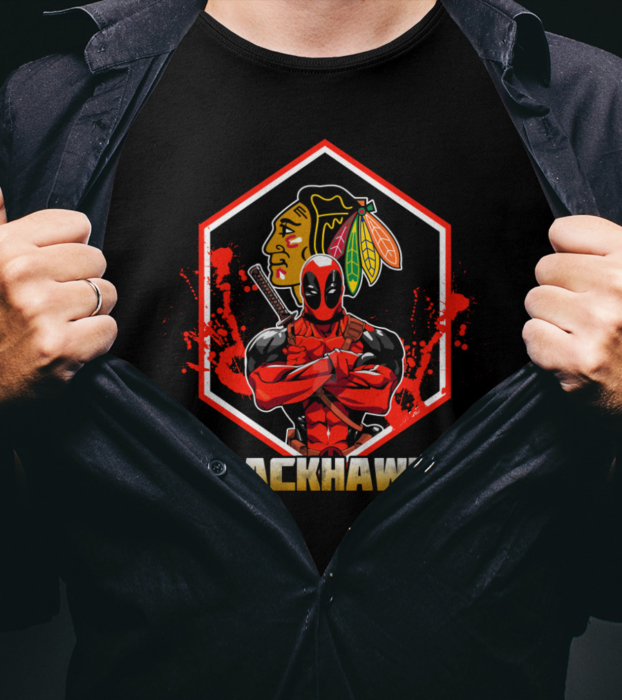Deadpool With Chicago Blackhawks Logo Embrace T-Shirt