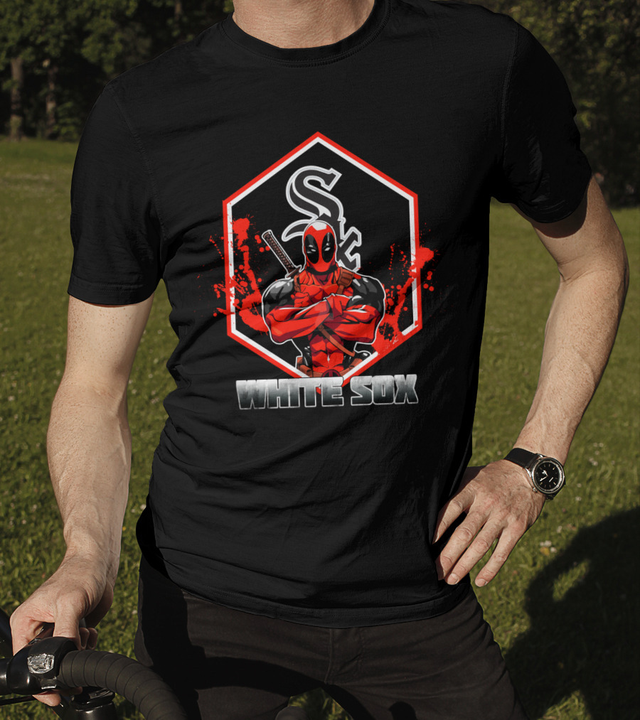 Deadpool And Chicago White Sox Fan Crossover Featuring Sox Logo And White Sox T-Shirt