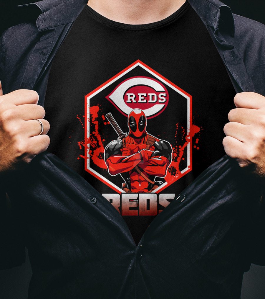 Deadpool With Cincinnati Reds Logo And Sword-Crossed Arms In Iconic Red And Black T-Shirt