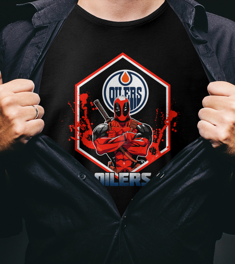 Deadpool Edmonton Oilers Fans Logo Crossover T-Shirt