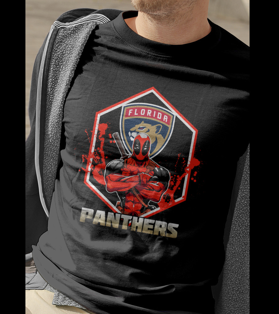 Deadpool Florida Panthers Crossover Featuring Iconic Character And NHL T-Shirt