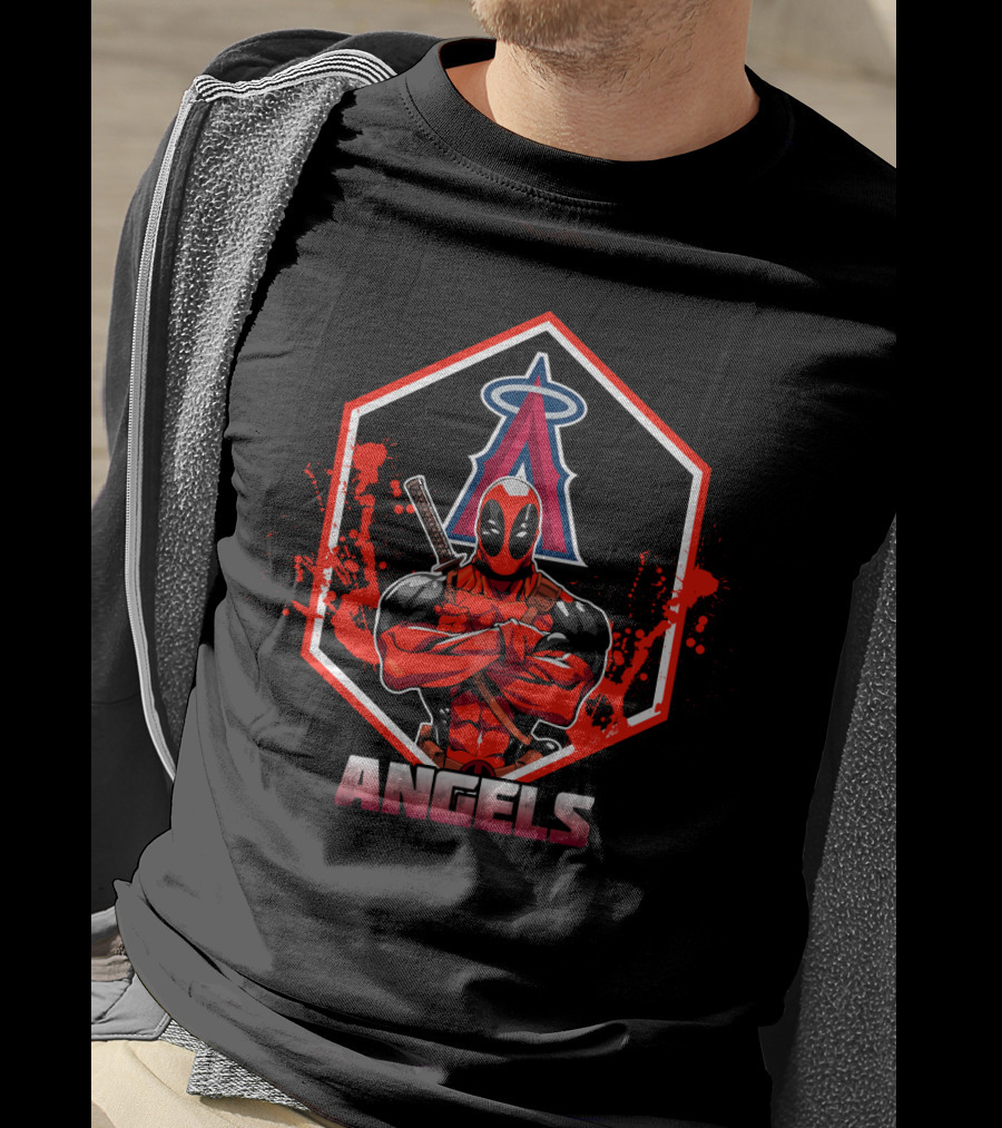 Deadpool Crossed Arms With Los Angeles Angels Baseball Logo Background T-Shirt
