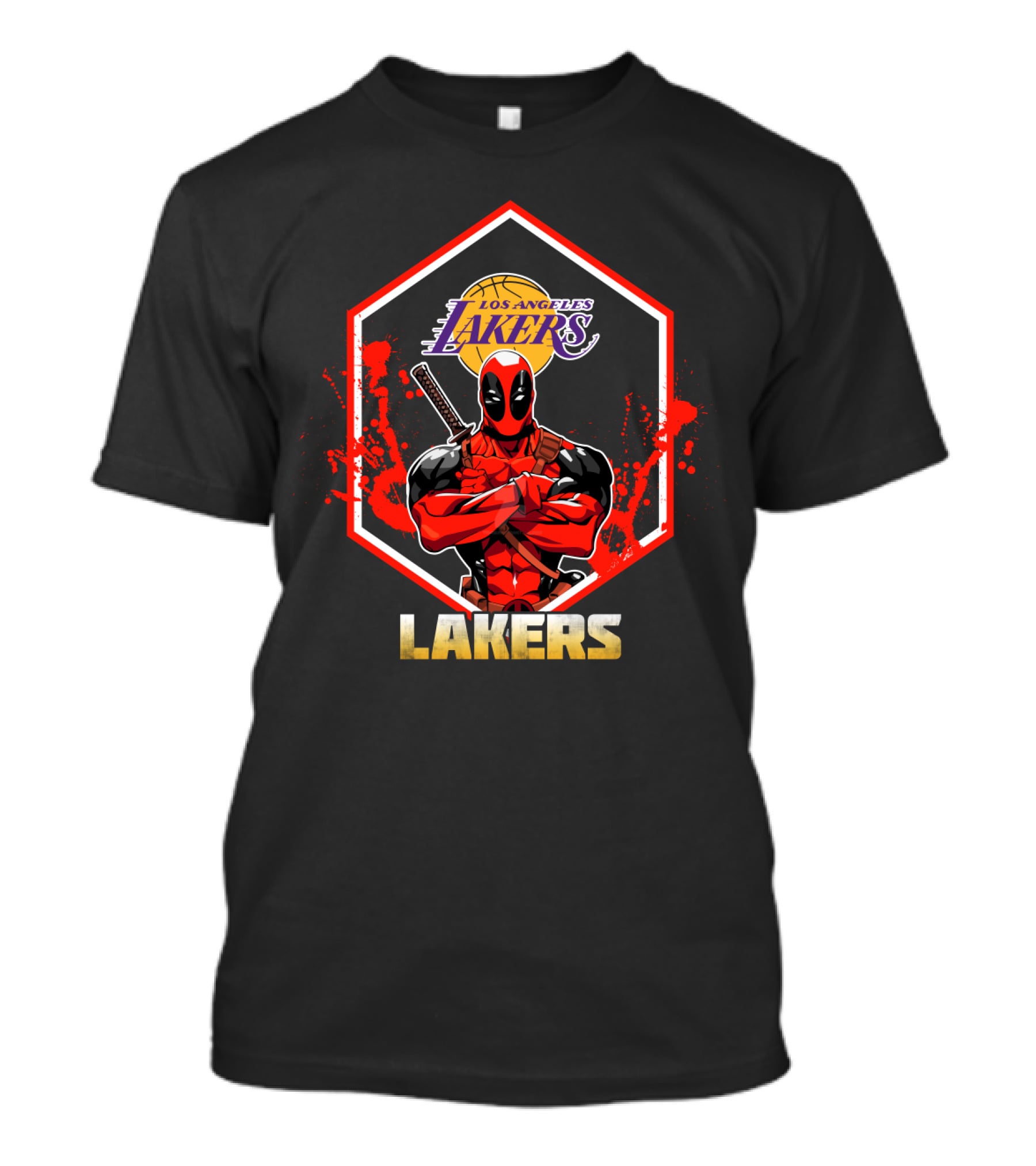 Deadpool Standing With Los Angeles Lakers Logo And Basketball T-Shirt