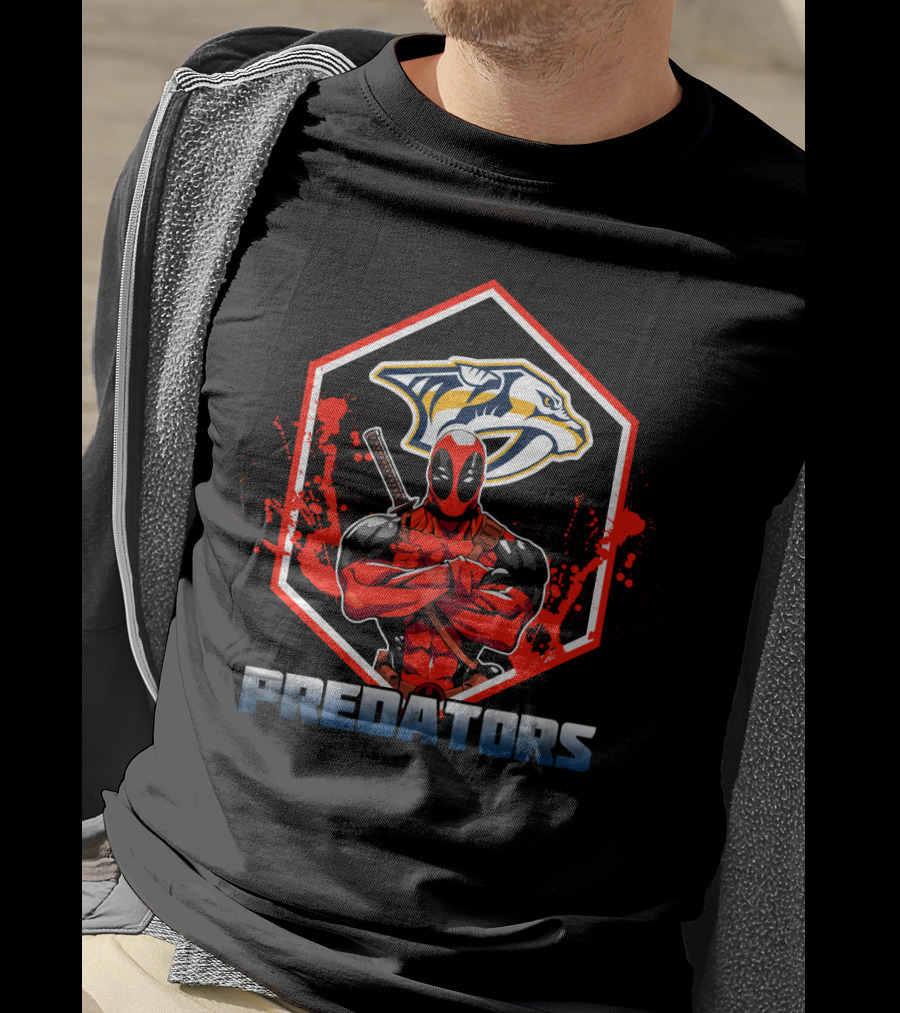Deadpool Crossing Arms In Front Of Nashville Predators Logo With Red Splatter Background T-Shirt