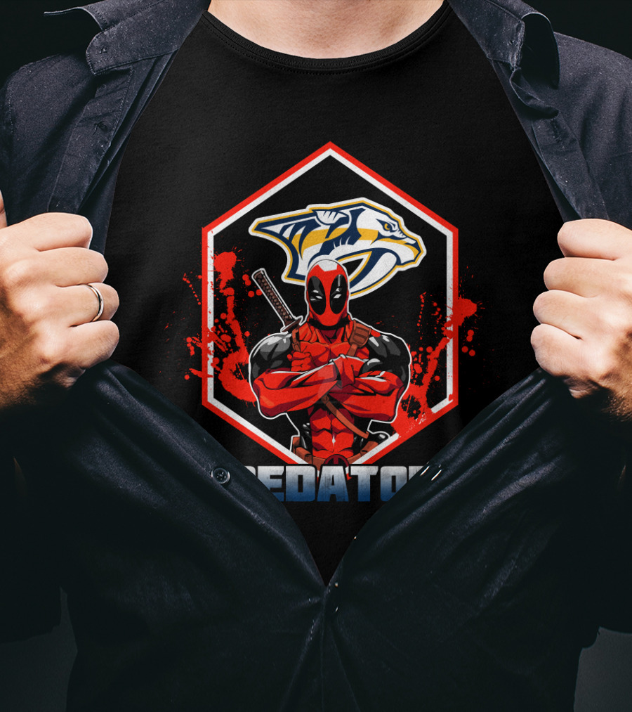 Deadpool Crossing Arms In Front Of Nashville Predators Logo With Red Splatter Background T-Shirt