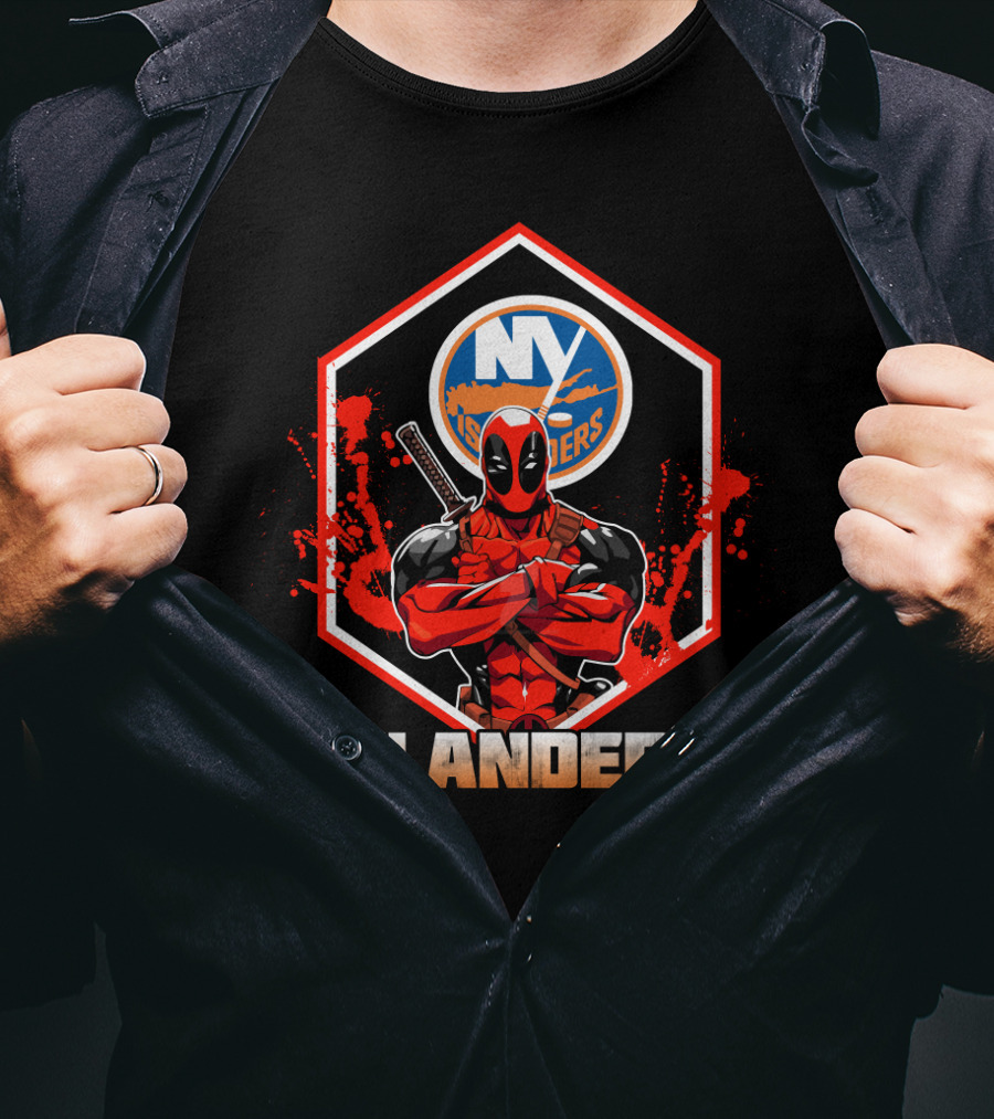 Deadpool NY Islanders Crossover Fan Art With Hockey And Comic Book Themes T-Shirt