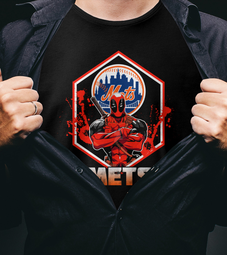 Deadpool Mets Crossover Featuring Iconic New York Baseball T-Shirt