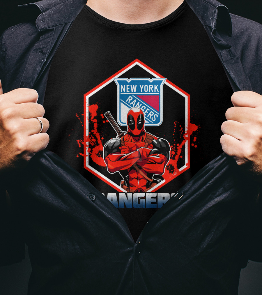 Deadpool Posing With New York Rangers Hockey Logo And Ranger Text Combination T-Shirt