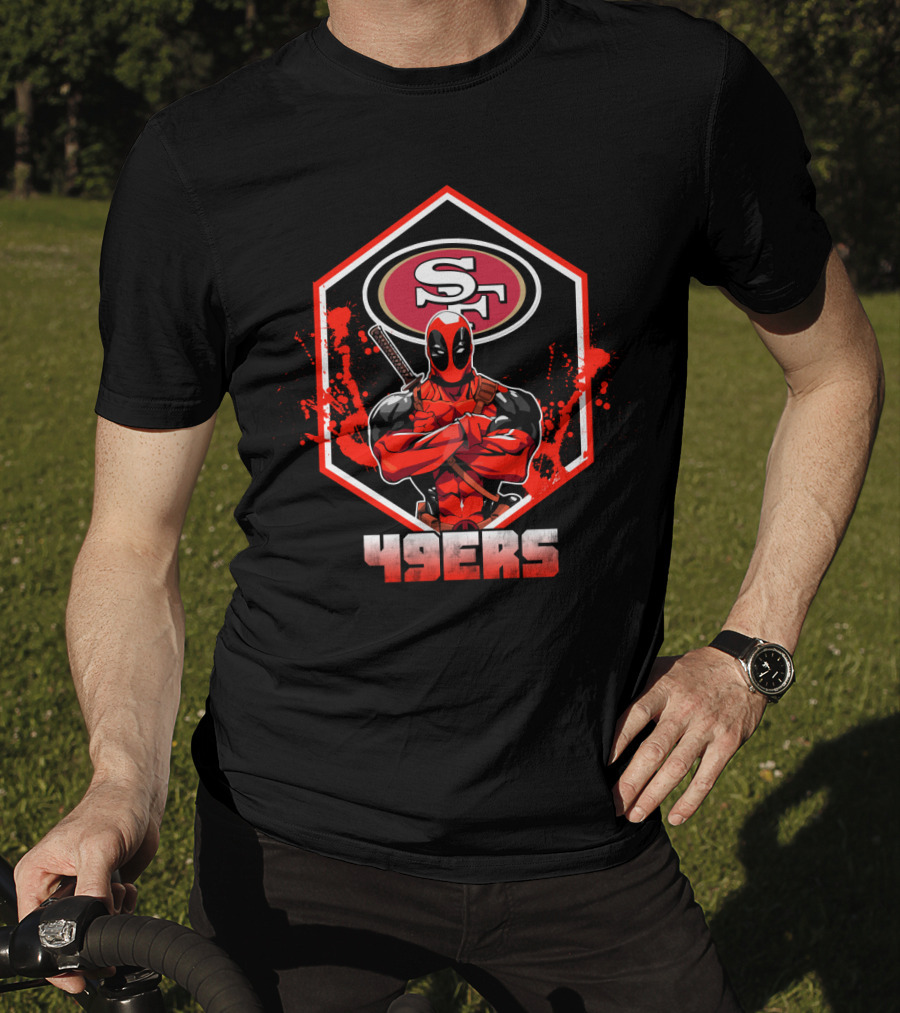 Deadpool Crossing Arms In Front Of San Francisco 49ers Logo With 49ers T-Shirt