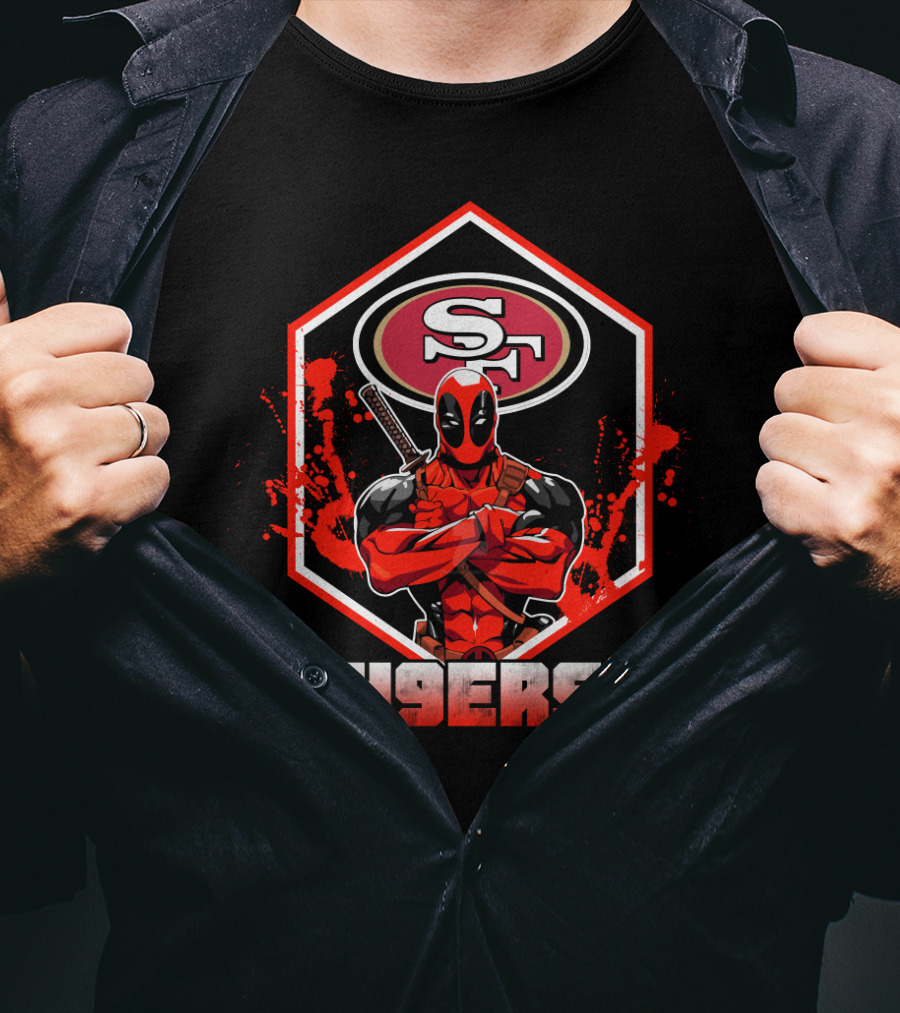 Deadpool Crossing Arms In Front Of San Francisco 49ers Logo With 49ers T-Shirt