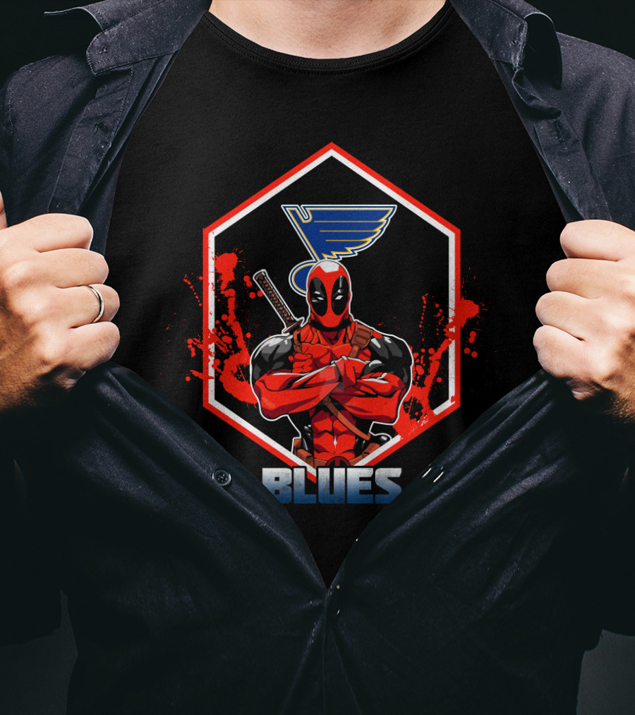 Deadpool Crossed Arms St. Louis Blues Hexagon Logo Fan T-Shirt
