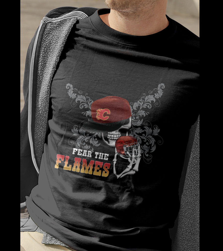 Fear The Flames Skull In Hat With Hockey Helmet Motif T-Shirt
