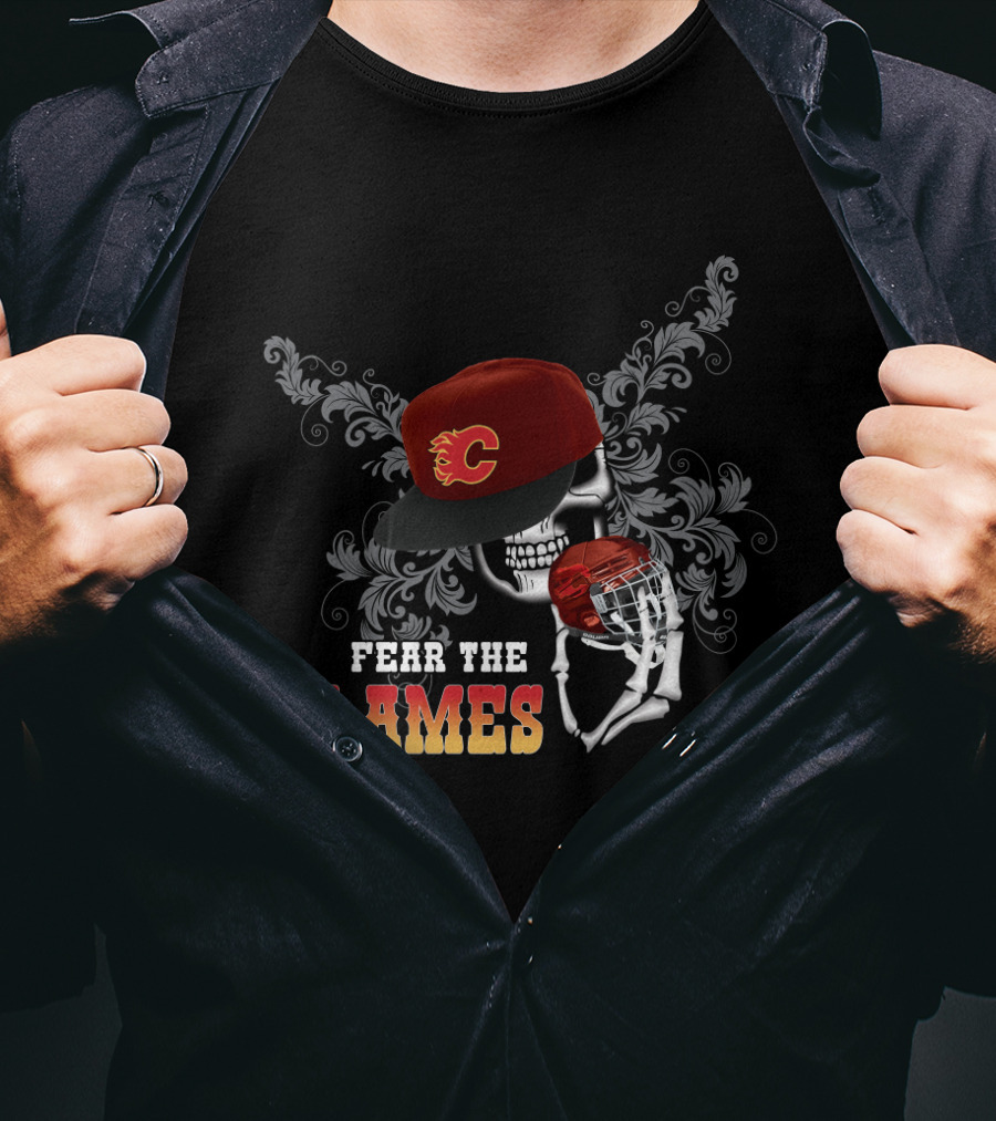 Fear The Flames Skull In Hat With Hockey Helmet Motif T-Shirt