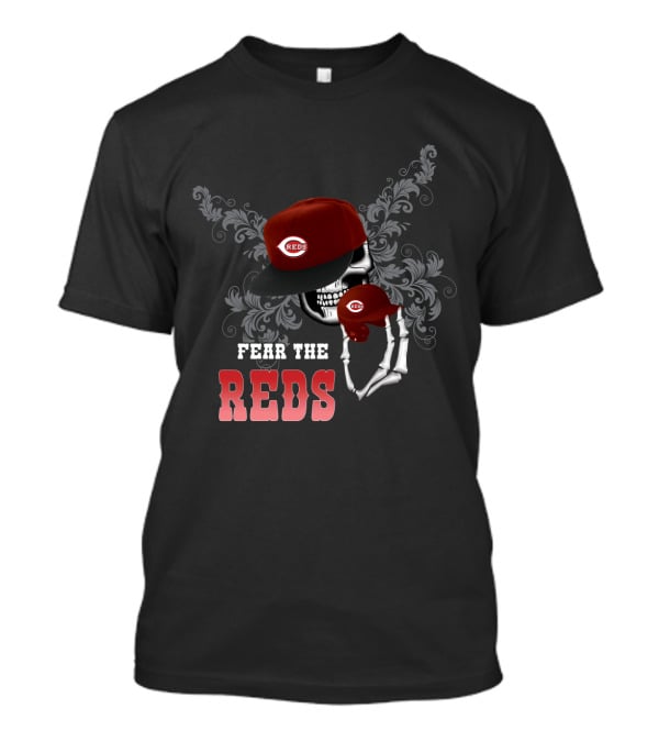 Fear The Cincinnati Reds Skull Skeleton With Red Cap And Floral T-Shirt