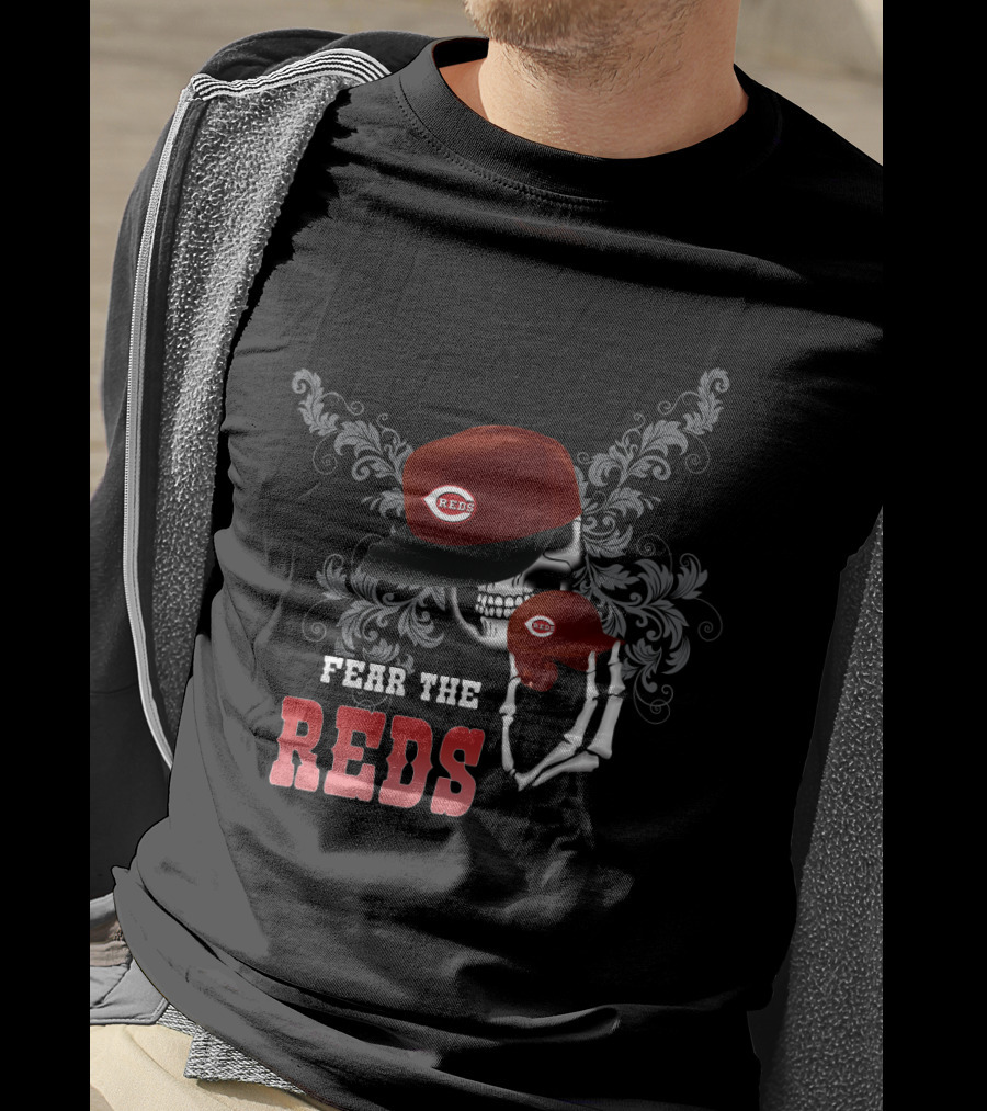 Fear The Cincinnati Reds Skull Skeleton With Red Cap And Floral T-Shirt