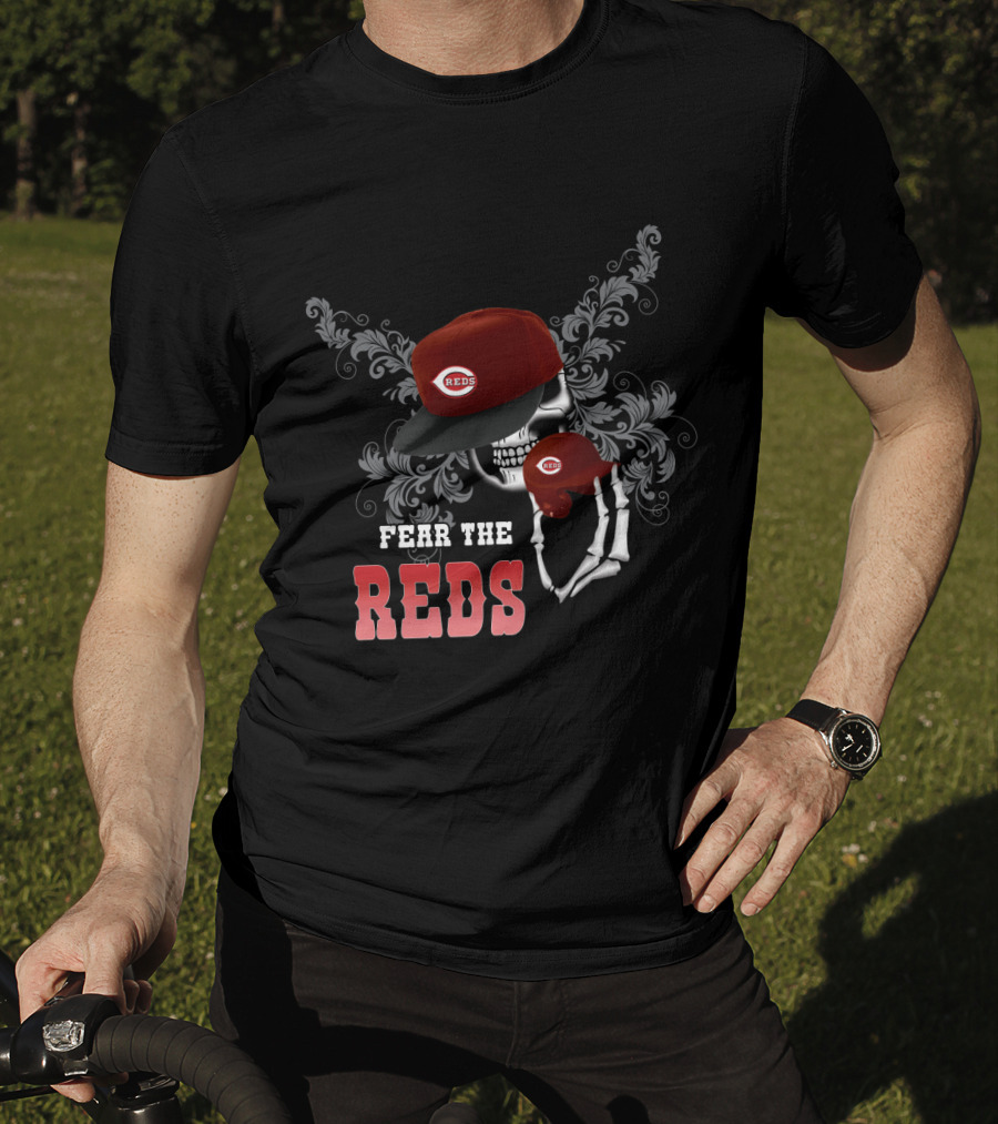 Fear The Cincinnati Reds Skull Skeleton With Red Cap And Floral T-Shirt