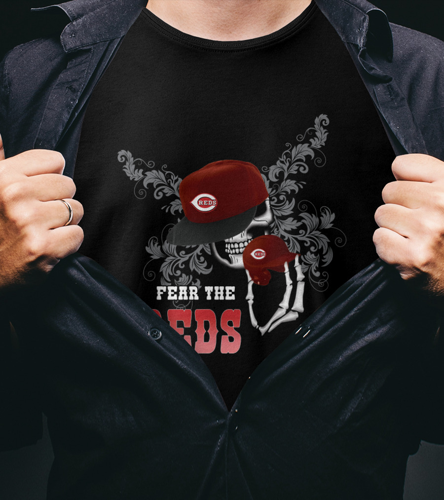 Fear The Cincinnati Reds Skull Skeleton With Red Cap And Floral T-Shirt