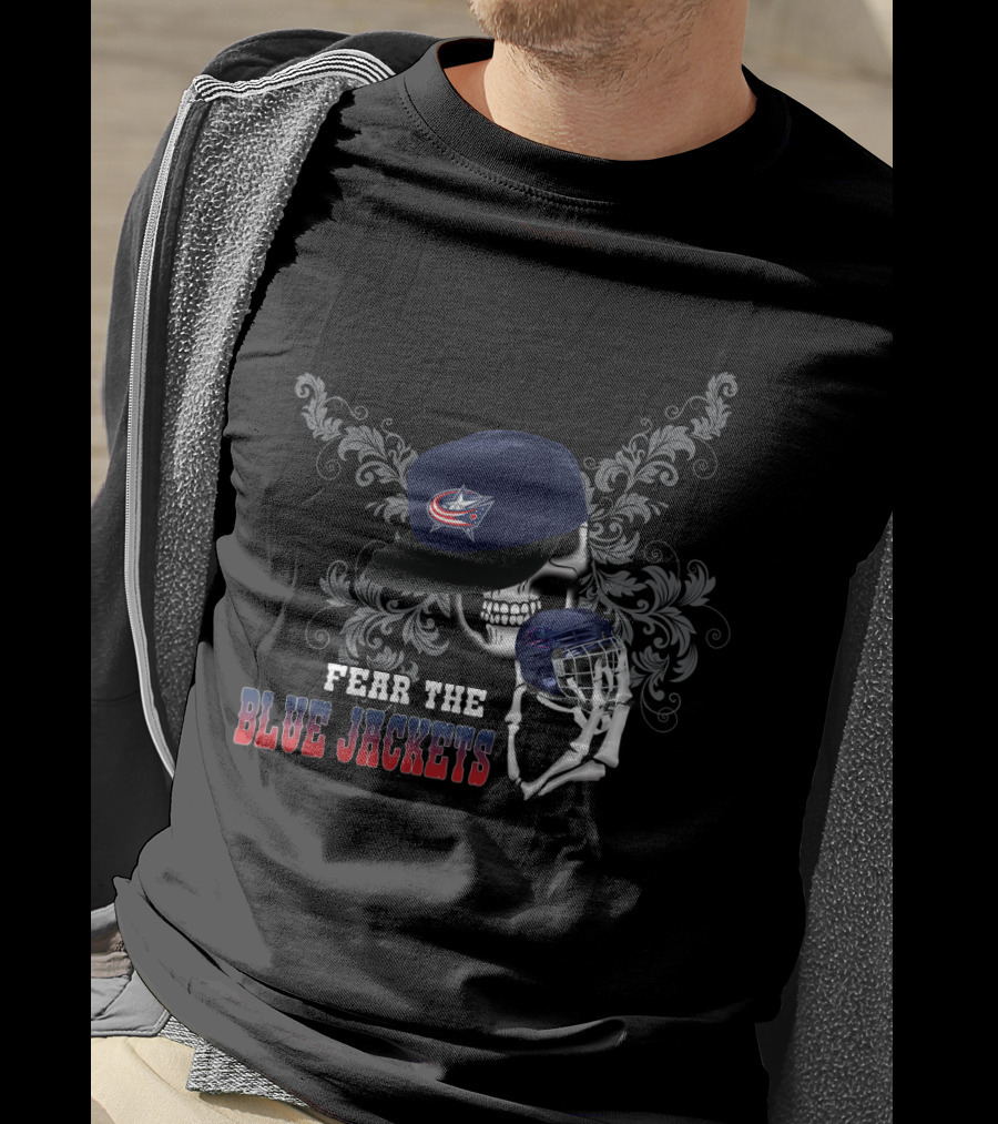 Fear The Columbus Blue Jackets Skull With Hockey Helmet And Hat T-Shirt