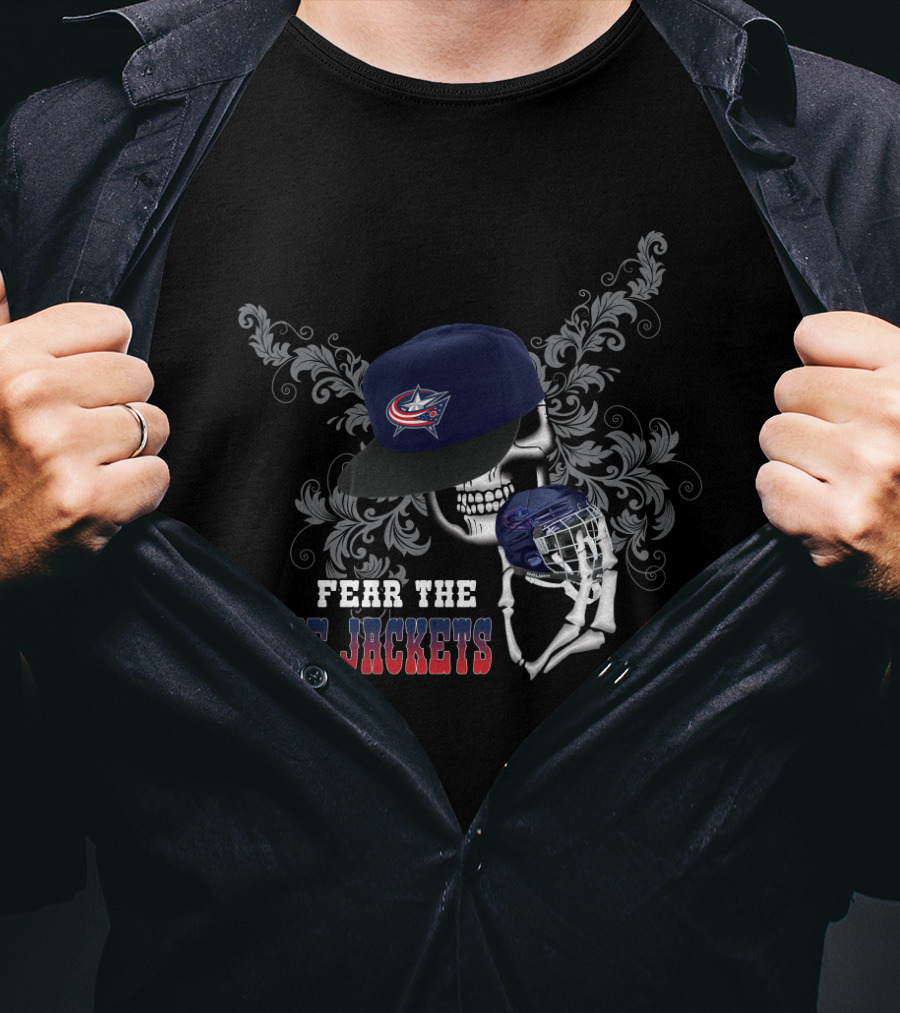 Fear The Columbus Blue Jackets Skull With Hockey Helmet And Hat T-Shirt