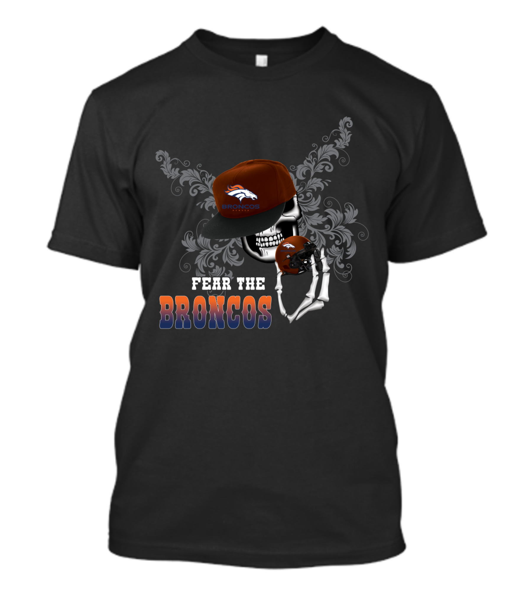 Fear The Broncos Skull With Cap And Helmet T-Shirt