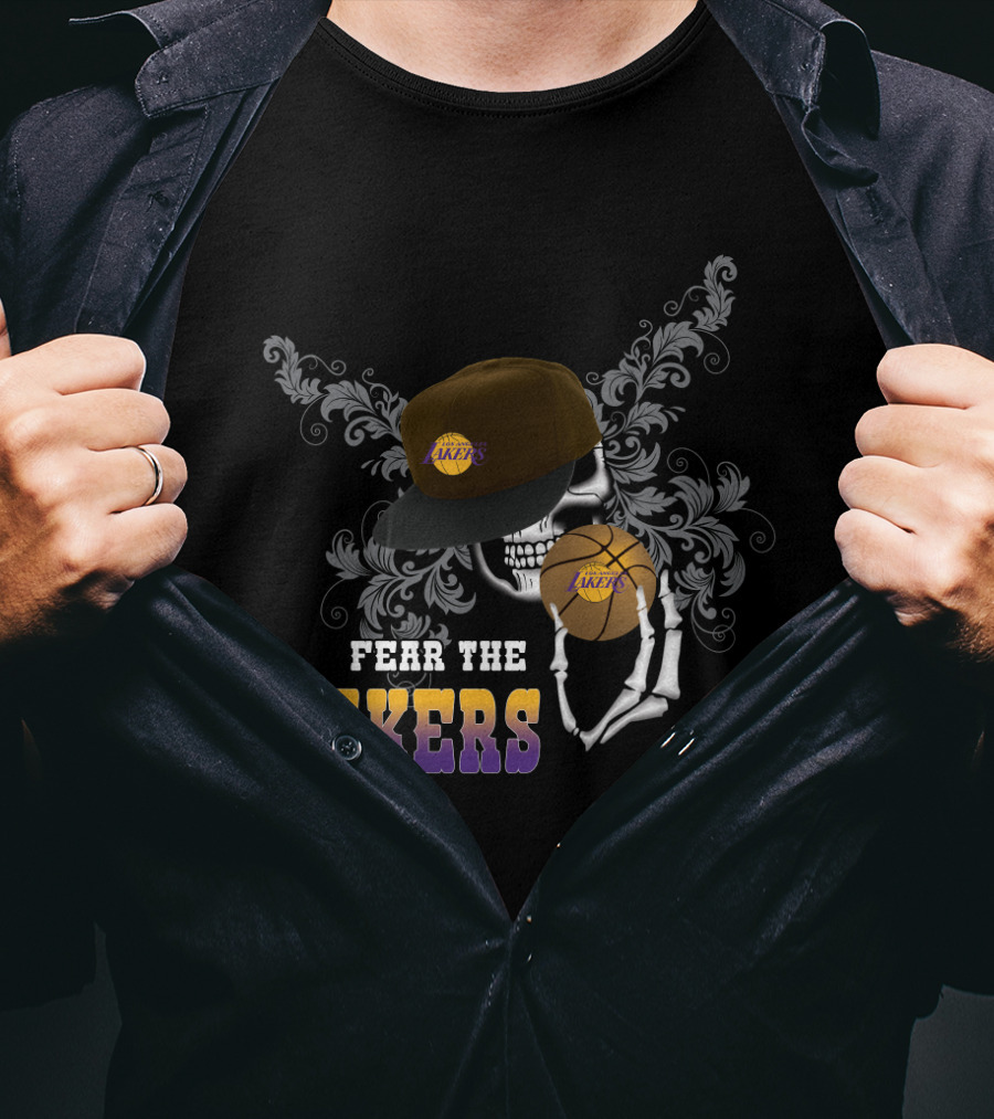 Fear The Lakers Skull With Basketball And Cap T-Shirt