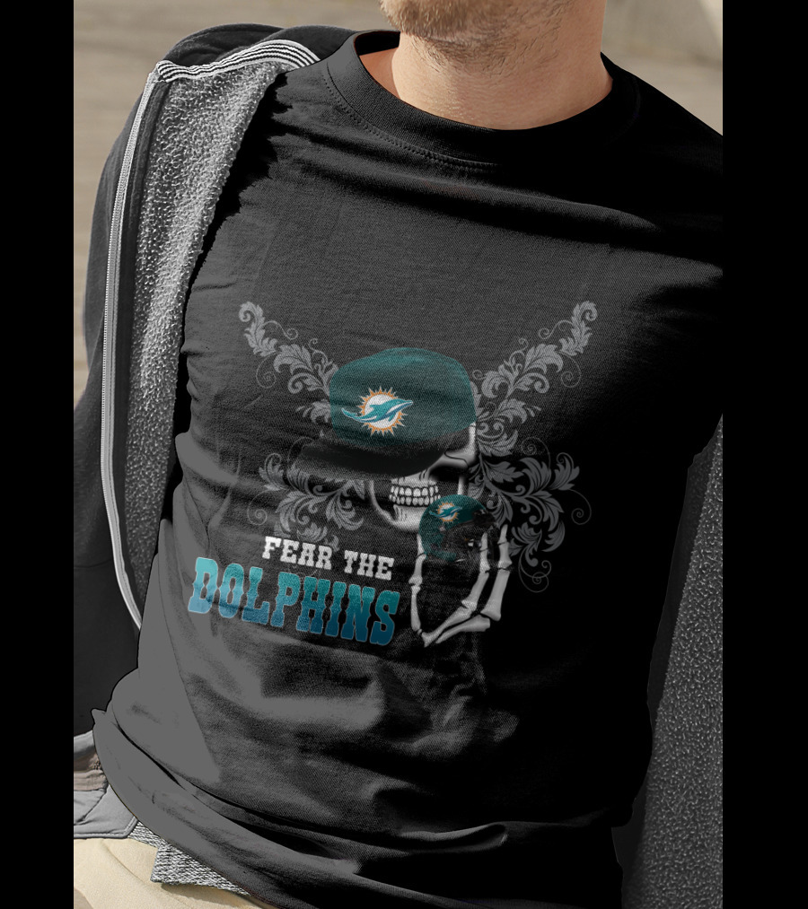 Fear The Dolphins Miami Skull With Helmet And Cap T-Shirt