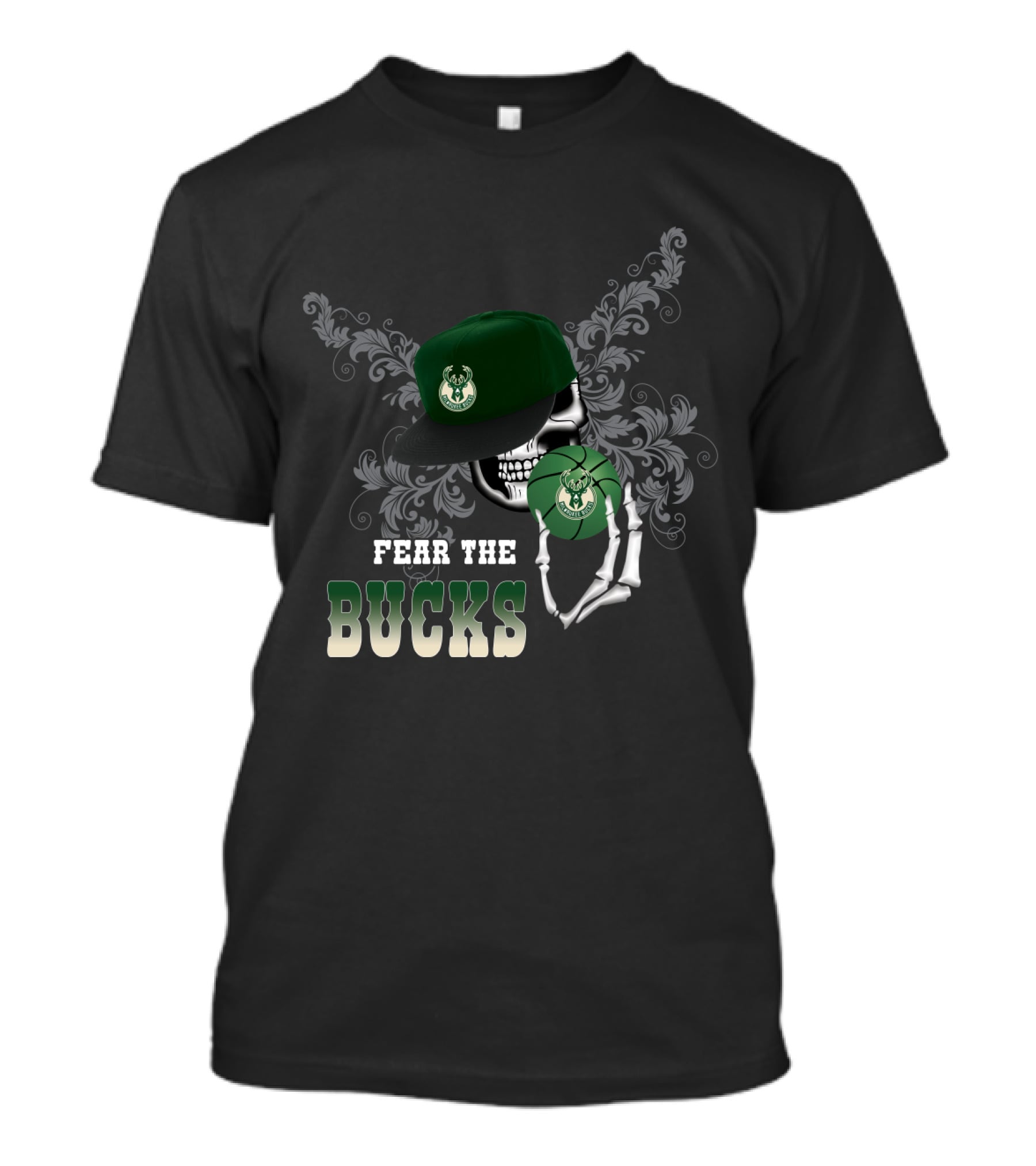 Fear The Bucks Skeleton Holding Basketball Milwaukee Bucks Fans T-Shirt