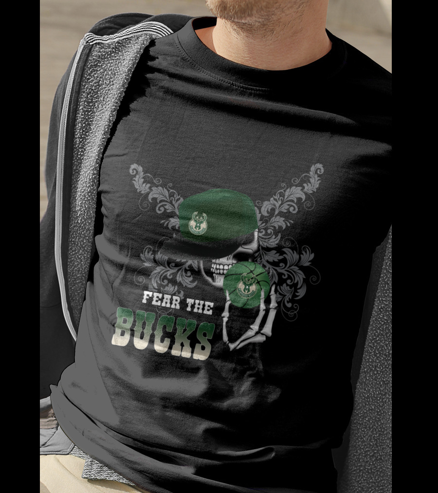 Fear The Bucks Skeleton Holding Basketball Milwaukee Bucks Fans T-Shirt