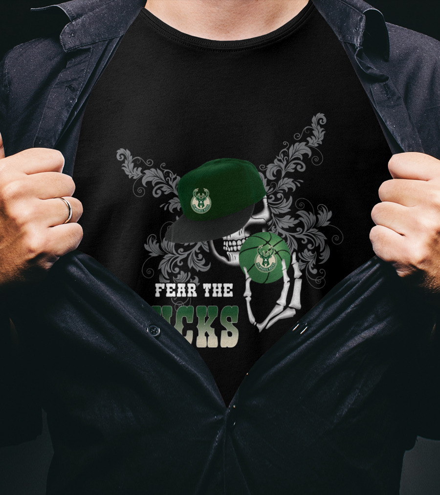 Fear The Bucks Skeleton Holding Basketball Milwaukee Bucks Fans T-Shirt
