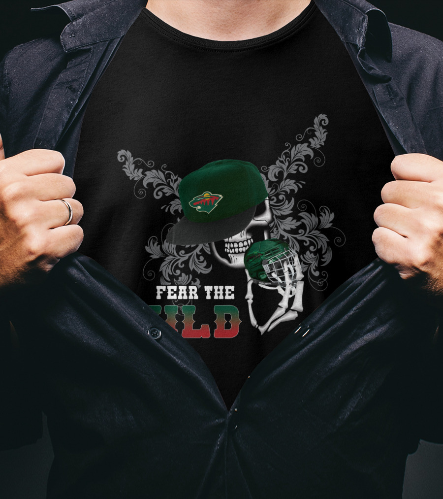 Fear The Minnesota Wild Skull With Hockey Cap And Stick T-Shirt