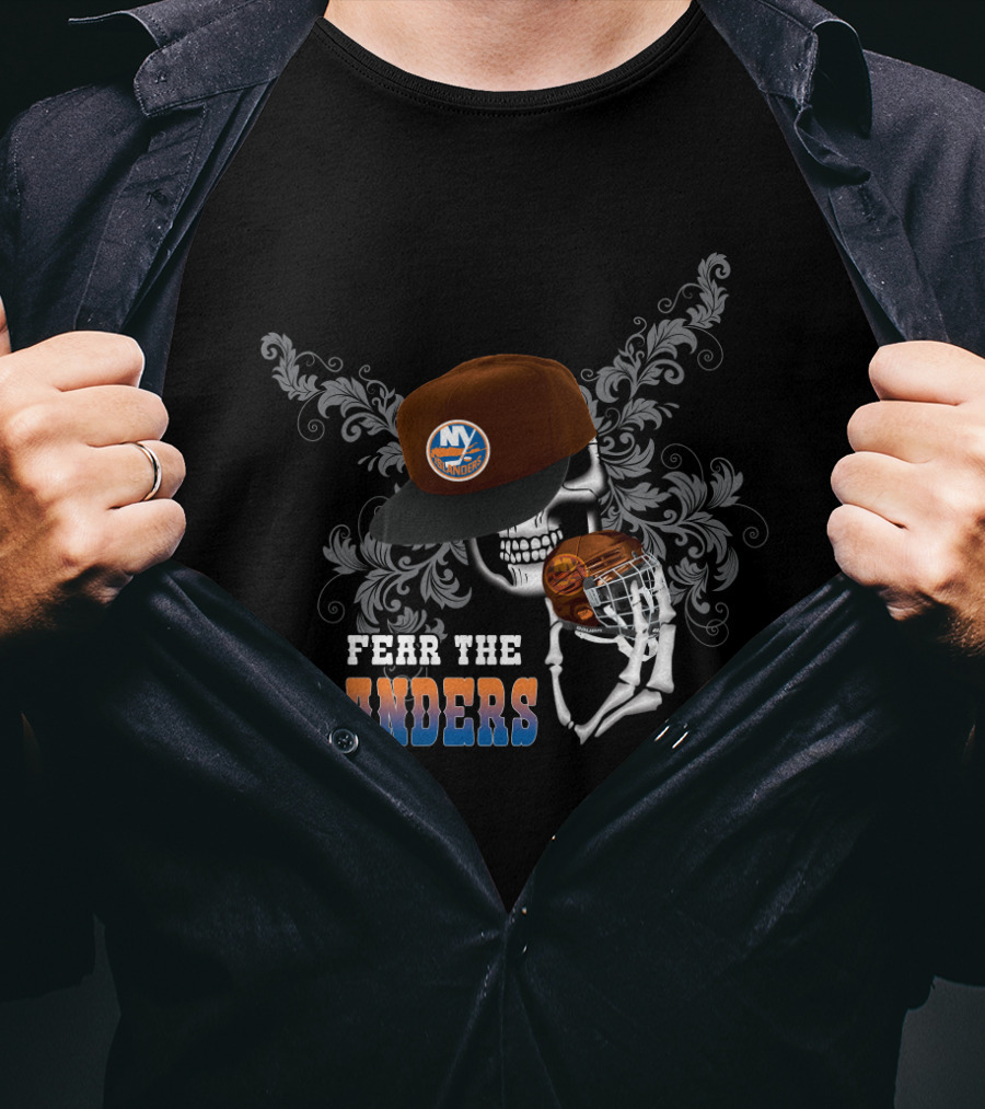 Fear The Islanders Skull Art With New York Islanders Hockey Helmet And Cap T-Shirt