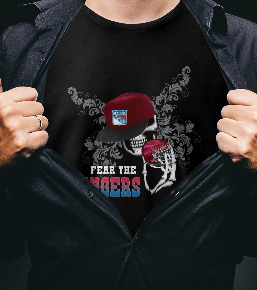 Fear The New York Rangers Skull With Hockey Helmet And Cap T-Shirt