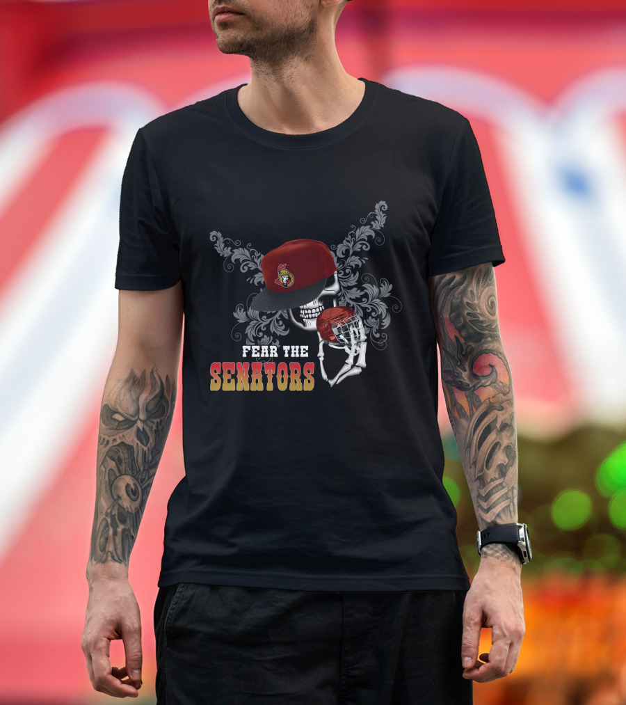 Ottawa Senators Fear the Skull With Hockey Helmet and Floral Background T-Shirt