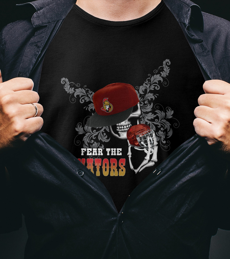 Ottawa Senators Fear The Skull With Hockey Helmet And Floral Background T-Shirt