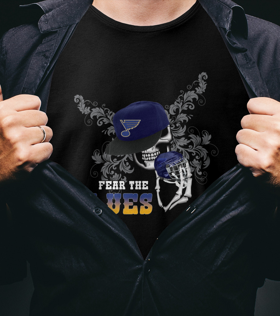 Fear The St. Louis Blues Skull With Hockey Helmet And Cap T-Shirt