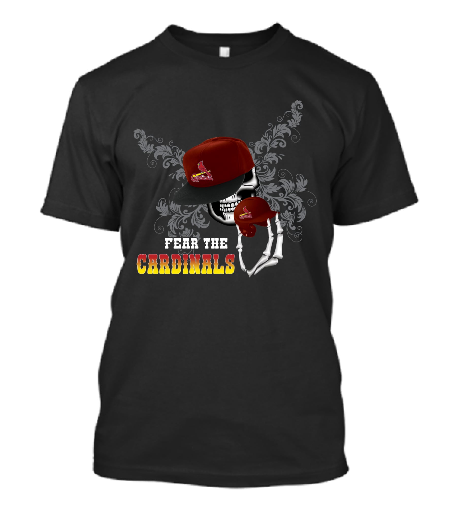 Fear The St. Louis Cardinals Skull With Red Cap And Stylized Floral T-Shirt