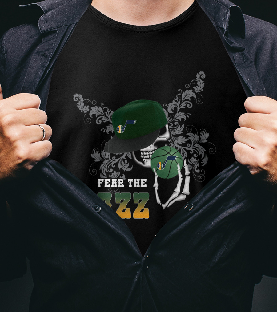 Fear The Jazz Skull With Basketball And Cap With Utah Jazz T-Shirt