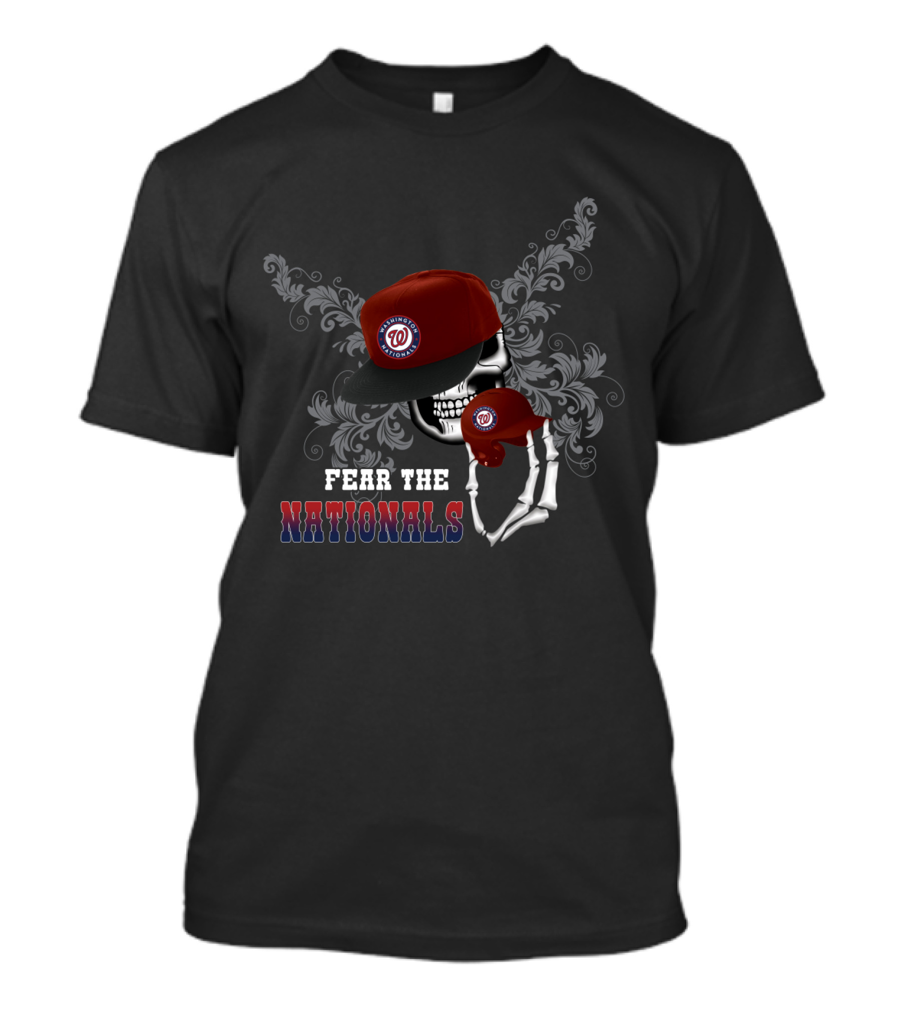Fear The Washington Nationals Skeleton Skull Grasping Baseball Cap With Ornate Floral Background T-Shirt
