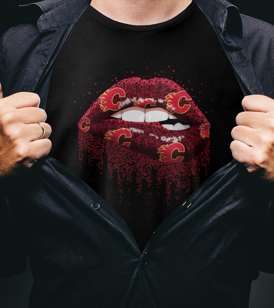 Calgary Flames Glitter Lips Fan Lips With Flames T-Shirt