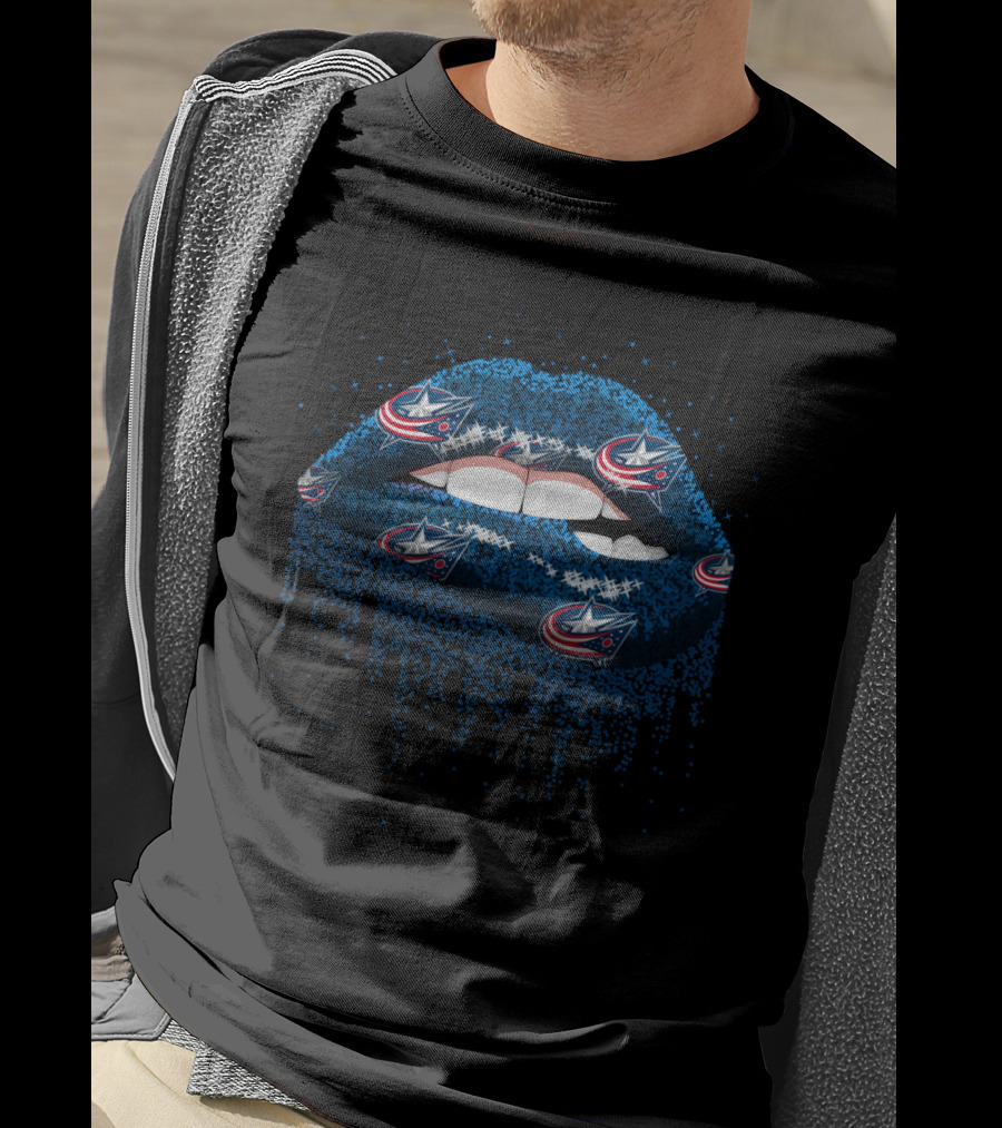 Columbus Blue Jackets Glitter Lips Fan Art With Team T-Shirt
