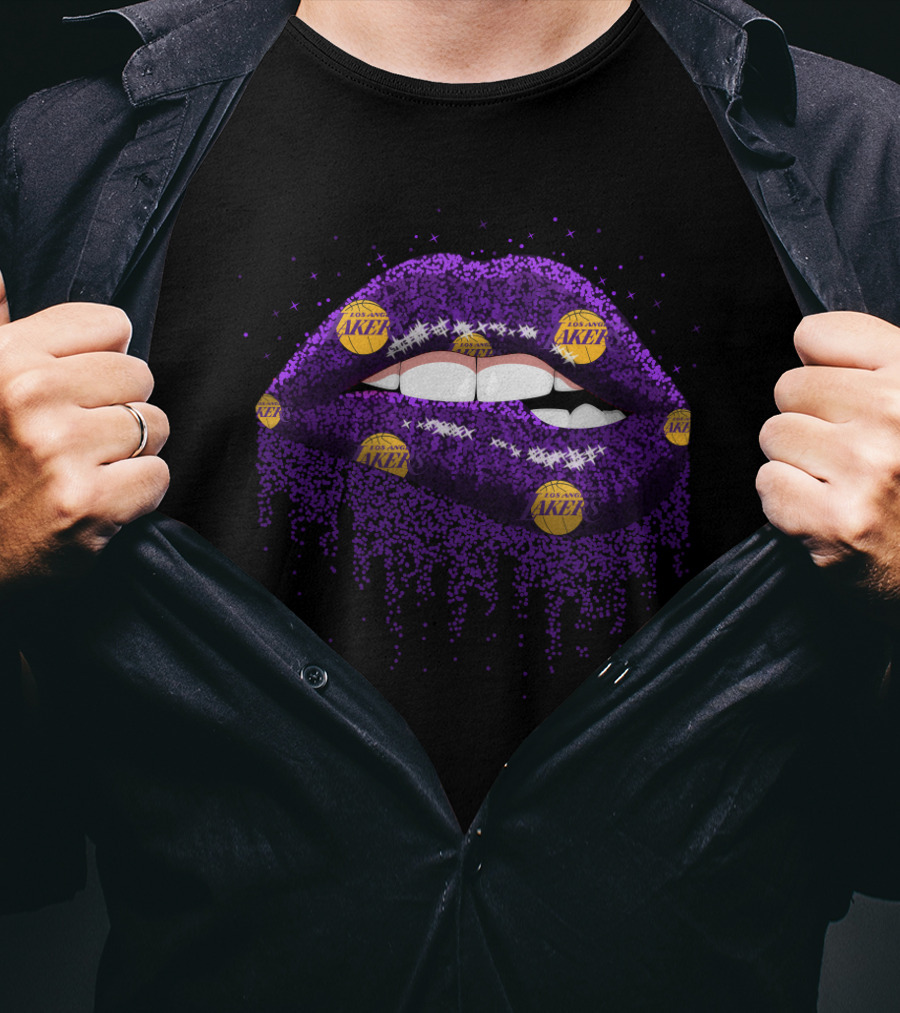 Glitter Purple Lips Decorated With Los Angeles Lakers Basketball Logos For Fans T-Shirt
