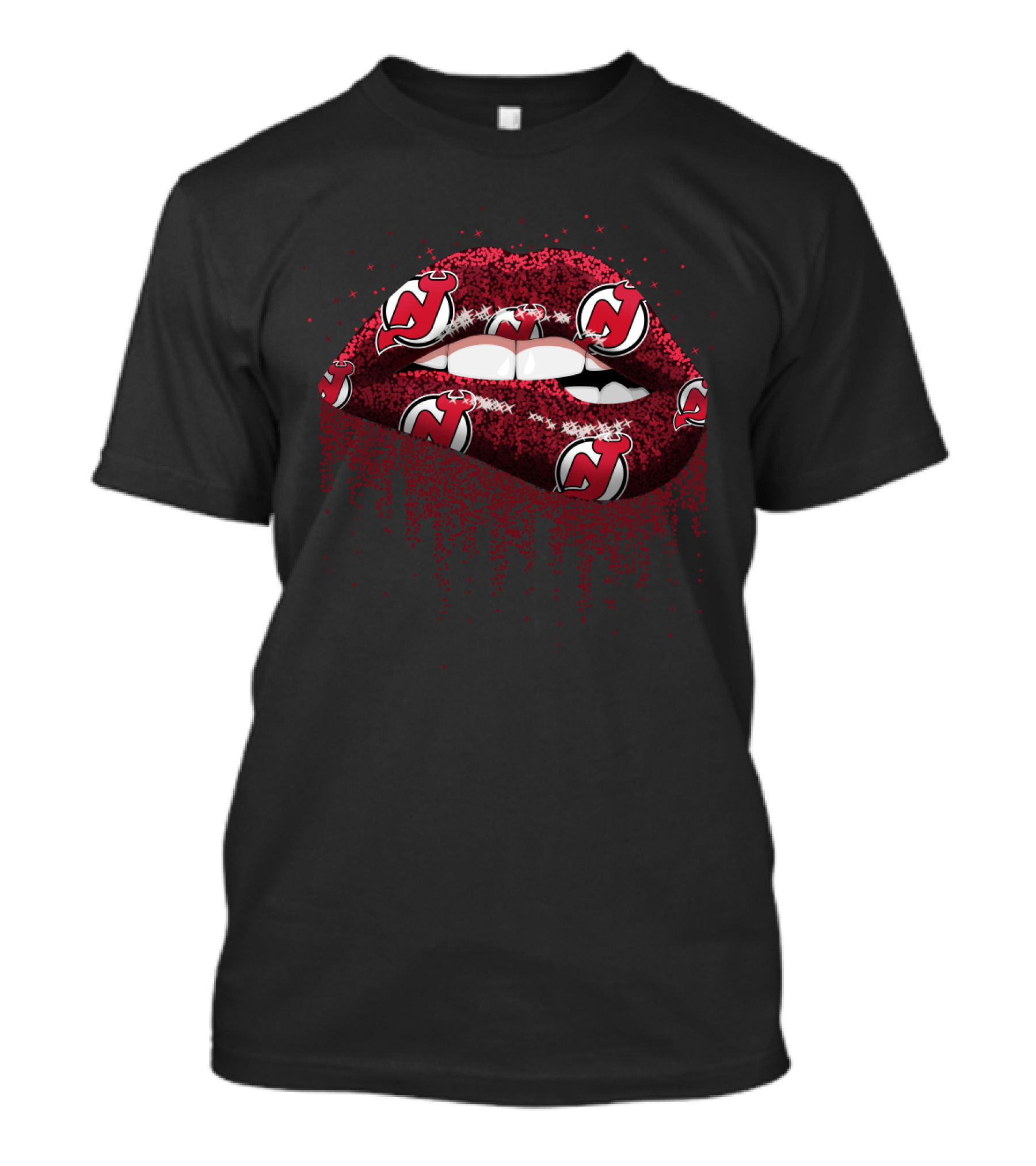 New Jersey Devils Glitter Lips Fan Art With Team Logo T-Shirt