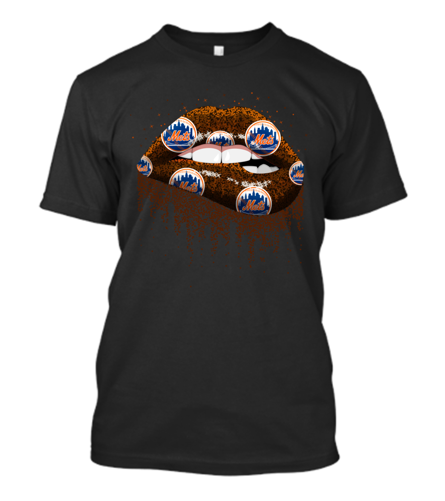 New York Mets Glitter Lips Fan Art With Team Logos And Sparkling Effects T-Shirt