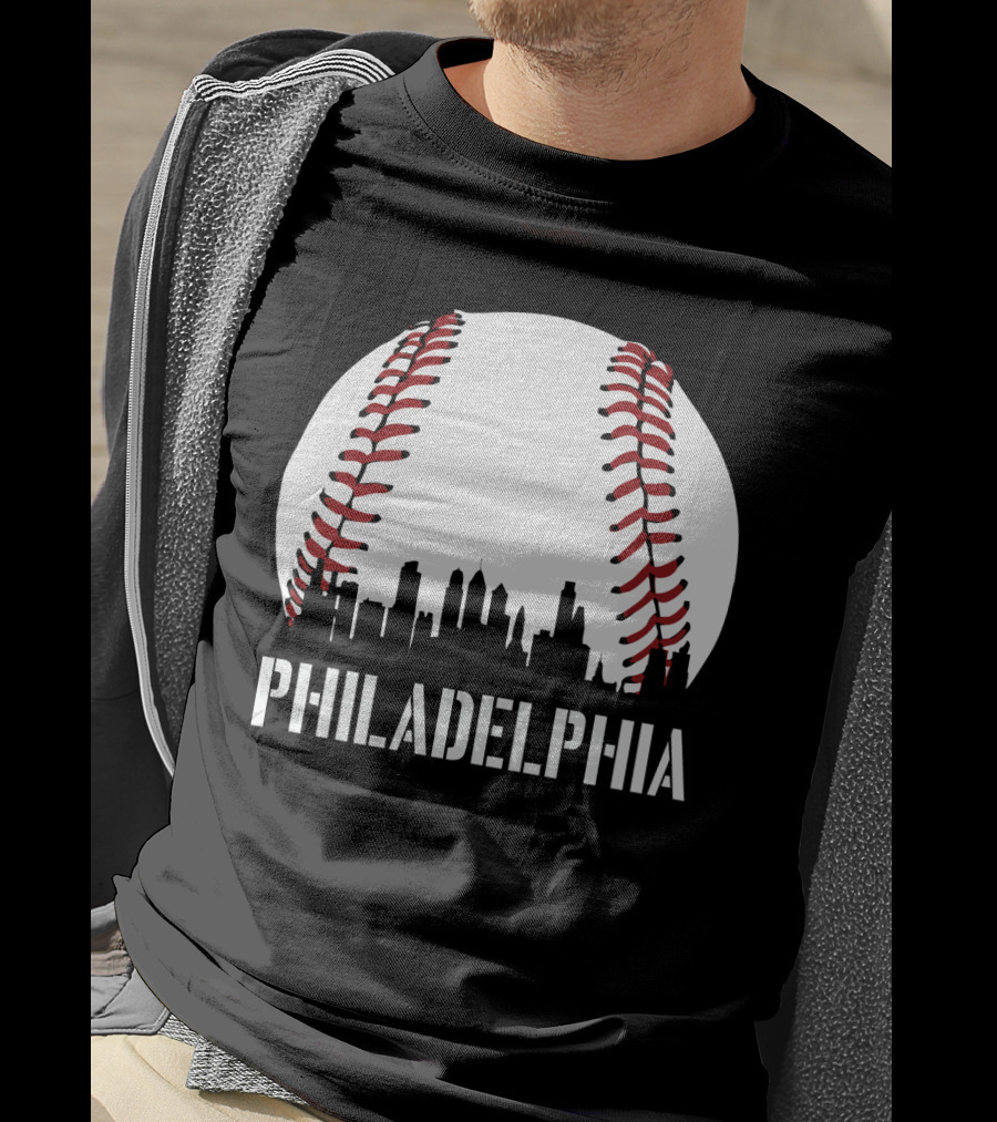Philadelphia Skyline Baseball Stitching Downtown Philly T-Shirt