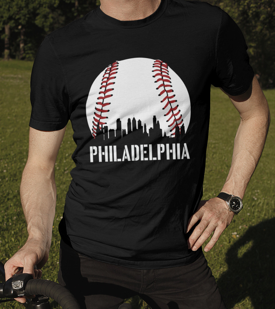 Philadelphia Skyline Baseball Stitching Downtown Philly T-Shirt