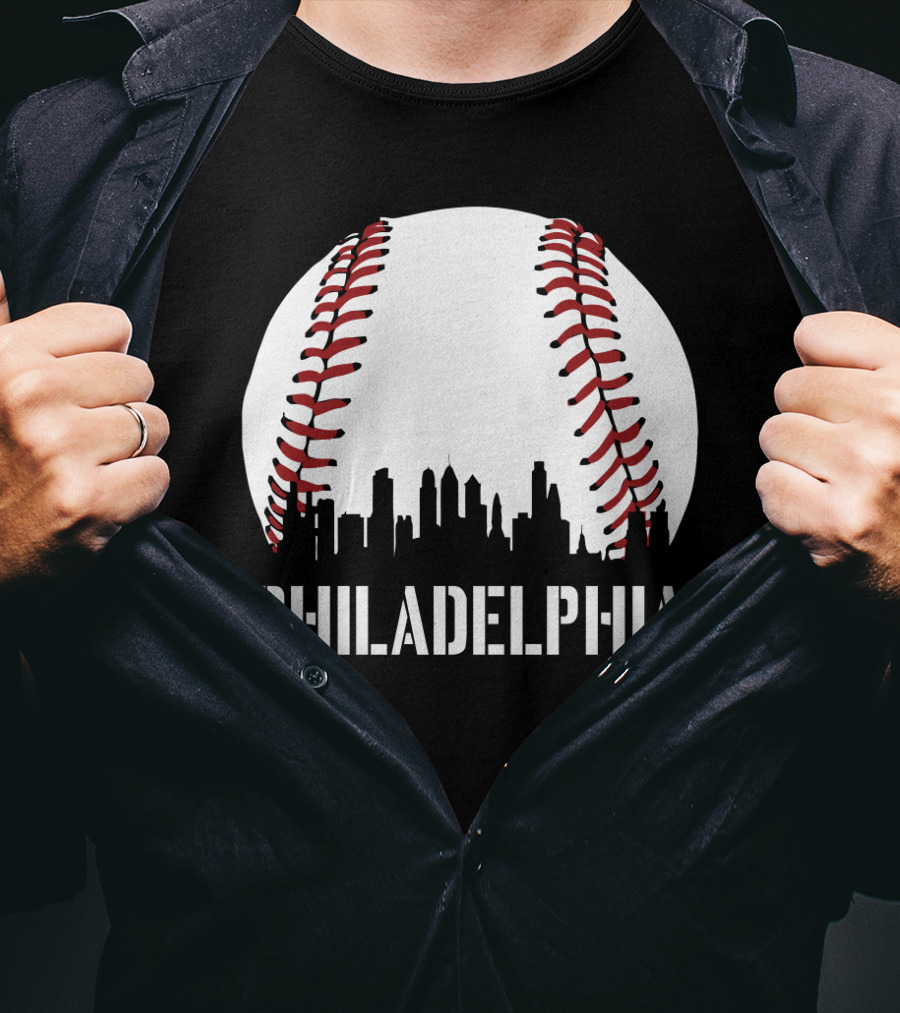 Philadelphia Skyline Baseball Stitching Downtown Philly T-Shirt
