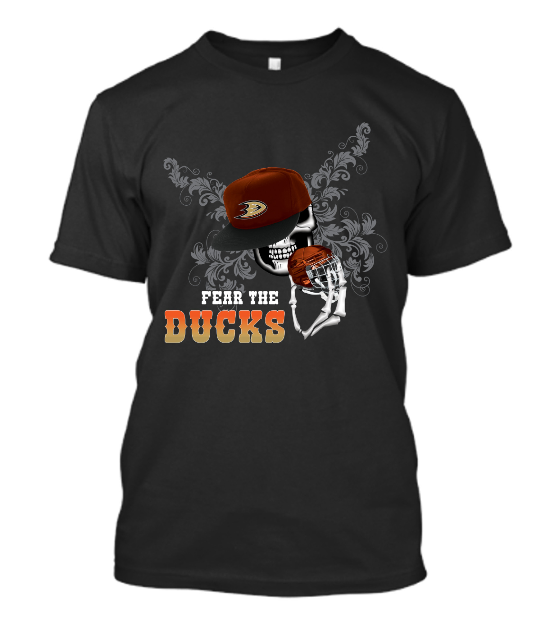 Fear The Anaheim Ducks Skull With Hockey Helmet And Cap T-Shirt
